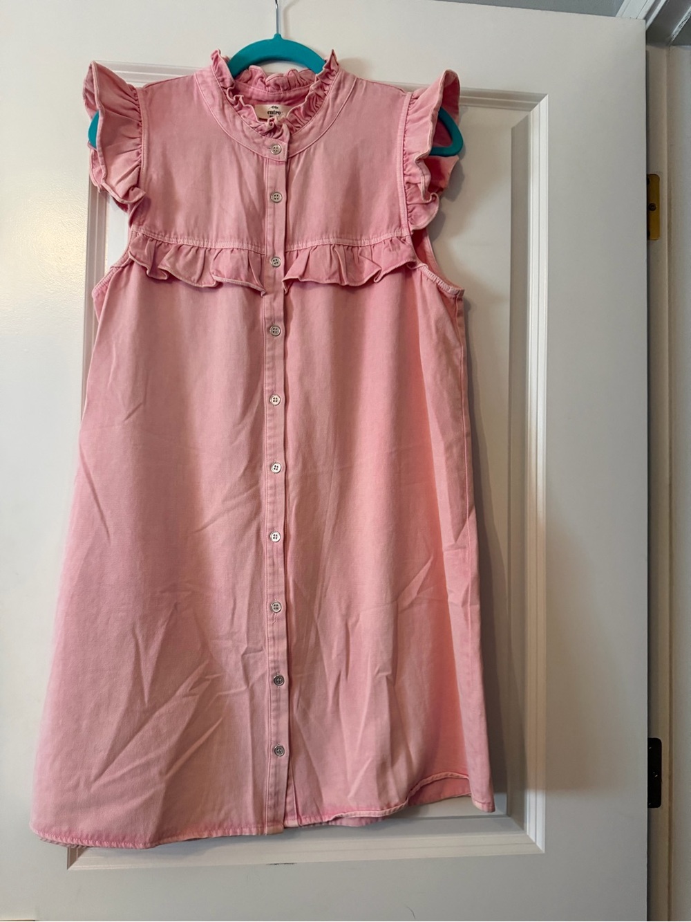 Entro Womens Pink Ruffle Button-Front Jean Dress - says lg but fits like med